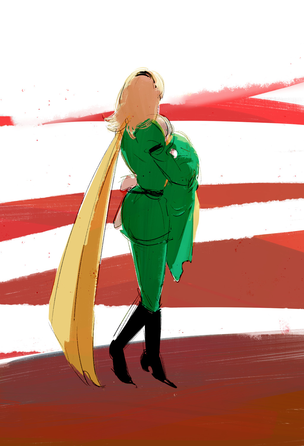 1girl baby back belt black_belt black_boots black_hairband blonde_hair boots carrying_baby carrying_person coat cyborg cyborg_009 francoise_arnoul green_coat green_pants grey_hair gun hairband highres ivan_whisky long_hair manodemarina pants scarf short_hair weapon yellow_scarf