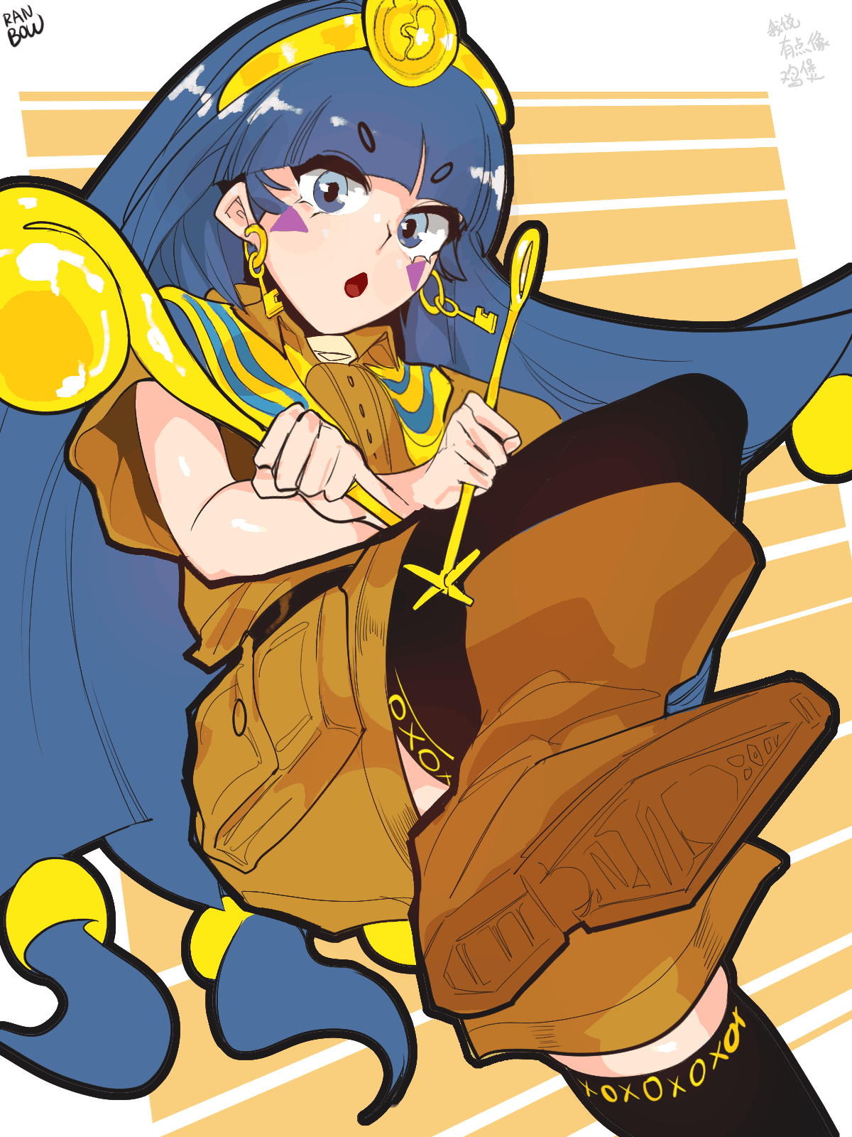 1girl black_thighhighs blue_eyes blue_hair boots brown_shirt brown_shorts earrings facial_tattoo fossilized_wonders highres holding holding_staff jewelry key_earrings long_hair michigami_nareko pants shirt shorts staff tattoo thighhighs touhou zhenhong