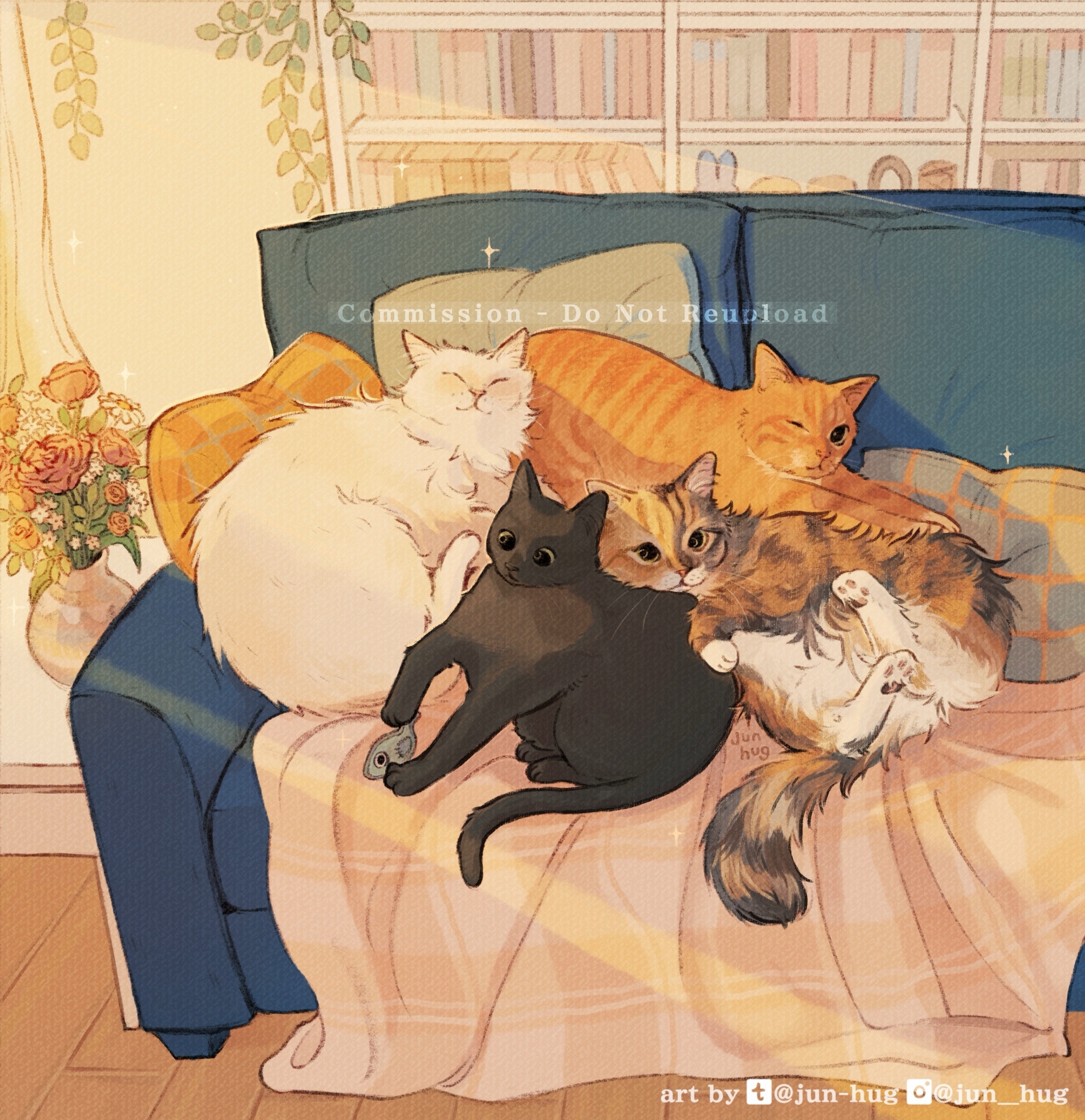 ^_^ animal animal_focus animal_hands artist_name black_cat black_eyes blanket bookshelf calico calico_cat cat closed_eyes closed_mouth commentary commission couch cushion day english_commentary flower highres instagram_logo instagram_username jun-hug living_room looking_at_viewer looking_down no_humans on_couch orange_cat original pink_flower pink_rose plaid_blanket rose slice_of_life stretching sunlight tumblr_logo tumblr_username vase white_cat