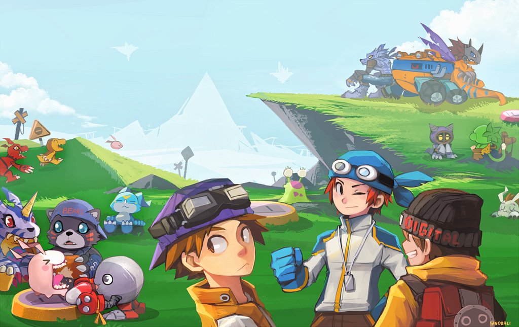 3boys agumon akira_(digimon_world_2) atsushi_(digimon_world_3) backpack bag bearmon brown_hair digibeetle digimon digimon_world digimon_world_2 digimon_world_3 gabumon goggles goggles_on_head gomamon guilmon hat koemon koromon kotemon mamemon mameo_(digimon) metalgreymon multiple_boys numemon one_eye_closed red_hair tokomon v-mon weregarurumon wink