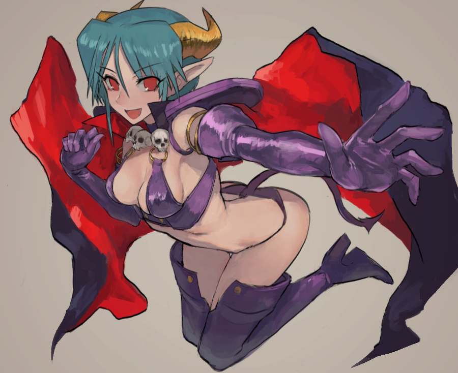 1girl aqua_hair armlet boots breasts cape carrera cleavage crop_top demon_horns demon_tail elbow_gloves female_focus foreshortening fushoku gloves grey_background high_heel_boots high_heels horns jewelry looking_at_viewer medium_breasts necklace open_mouth panties pointy_ears purple_boots purple_gloves purple_panties purple_thighhighs red_eyes short_hair sideboob sidelocks skull_necklace smile solo tail thigh_boots thighhighs underwear viper_(series) viper_gts