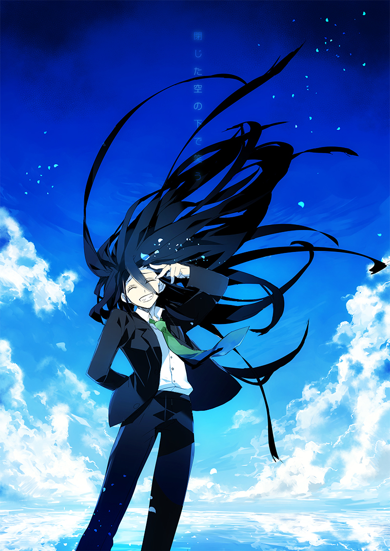 1boy arm_behind_back arm_up black_hair black_jacket black_pants blazer blue_petals blue_sky closed_eyes cloud cloudy_sky danganronpa_(series) danganronpa_3_(anime) dress_shirt facing_to_the_side facing_viewer falling_petals formal_clothes green_necktie hand_on_own_forehead happy horizon jacket kamukura_izuru kouen long_hair loose_necktie male_focus necktie open_clothes open_jacket out_of_character pants petals pointing pointing_to_the_side pointing_up reflection reflective_water shirt sky skyline smile very_long_hair white_shirt wind