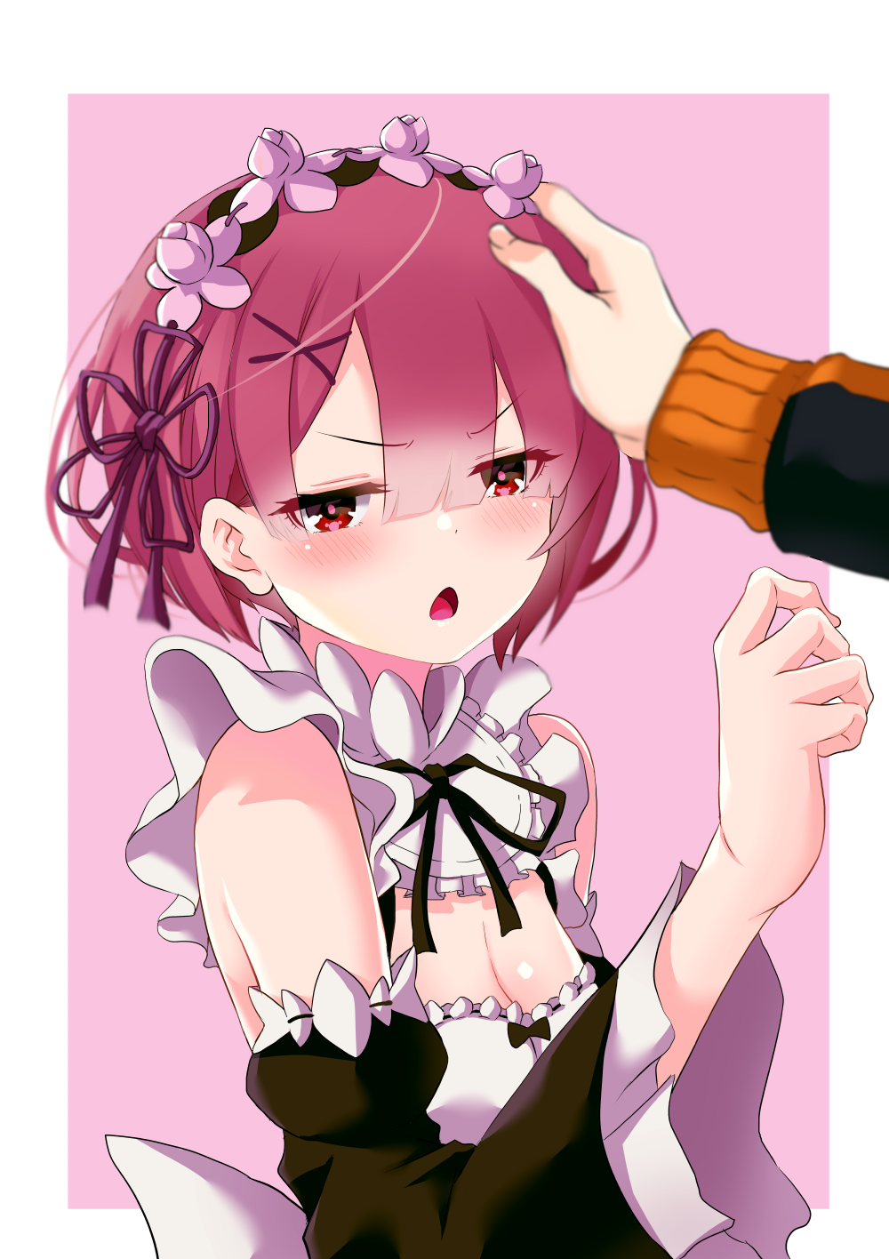 1boy 1girl bare_shoulders black_ribbon black_sleeves blunt_bangs blush breasts cleavage commentary_request curled_fingers detached_collar detached_sleeves dress embarrassed eyebrows_hidden_by_hair flower flustered frills hair_between_eyes hair_ornament hairclip hand_on_another&#039;s_head head_wreath headpat highres long_sleeves looking_at_viewer maid natsuki_subaru open_mouth parted_bangs pink_background pink_hair puffy_sleeves purple_ribbon ram_(re:zero) re:zero_kara_hajimeru_isekai_seikatsu red_eyes ribbon roswaal_mansion_maid_uniform short_hair small_breasts solo_focus two-tone_background upper_body white_background white_dress x_hair_ornament yasehattagi