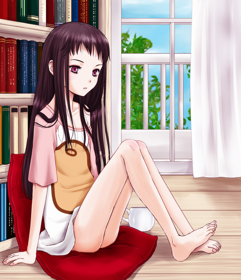 1girl ar_tonelico ar_tonelico_ii barefoot book bookshelf cup curtains feet inumori_sayaka jakuri_(ar_tonelico) legs long_hair pillow purple_eyes purple_hair toes
