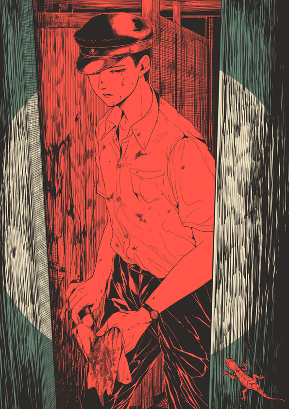 1boy blood blood_on_clothes blood_on_face blood_on_wall bright_pupils cleaning cleaning_weapon commentary_request doorway dress_shirt gakuseibou half-closed_eyes hat hatching_(texture) holding holding_knife holding_rag implied_murder indoors knife limited_palette lizard looking_at_viewer male_focus maruo_suehiro_(style) midoro original pants parted_lips popped_collar public_restroom school_uniform shirt short_hair short_sleeves solo standing very_short_hair watch weapon wiping_blood wristwatch