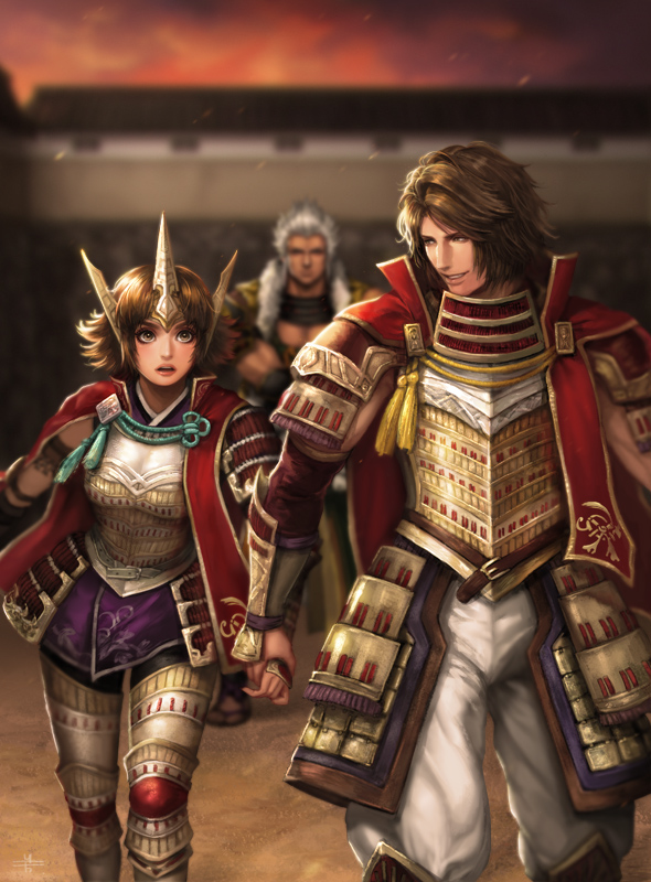 armor brown_eyes brown_hair cape castle holding_hands husband_and_wife japanese_clothes kato_kiyomasa lips lipstick looking_at_another makeup mitsuya parted_lips sengoku_musou smile tachibana_ginchiyo tachibana_muneshige tiara