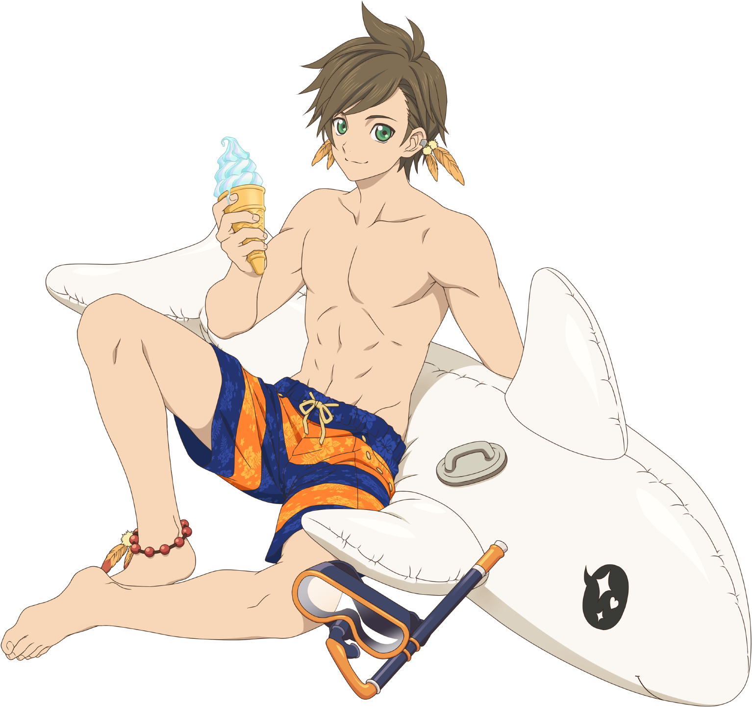 1boy anklet artist_request barefoot bead_anklet beads blue_male_swimwear blue_swim_trunks brown_hair diving_mask drawstring earrings feather_earrings feathers feet fingernails floral_print food goggles green_eyes hibiscus_print highres ice_cream ice_cream_cone jewelry legs looking_at_viewer male_focus male_swimwear official_art orange_feathers orange_male_swimwear orange_swim_trunks print_male_swimwear print_swim_trunks print_swimsuit smile snorkel sorey_(sea_venturer)_(tales) sorey_(tales) striped_male_swimwear striped_swim_trunks stuffed_animal stuffed_toy swim_trunks swimsuit tales_of_(series) tales_of_asteria tales_of_zestiria toenails toes topless_male transparent_background
