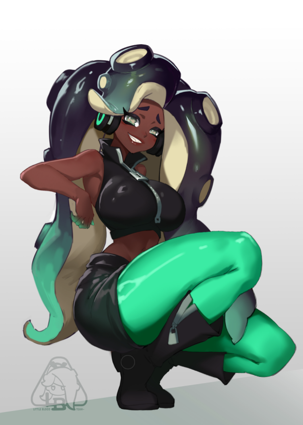1girl breasts dark-skinned_female dark_skin large_breasts little_blood marina_(splatoon) pointy_ears solo splatoon_(series) splatoon_2