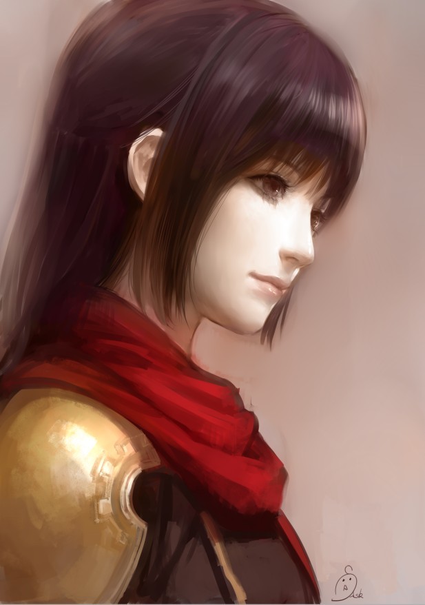 1girl artist_name ask_(askzy) brown_background brown_eyes brown_hair deuce_(fft-0) female_focus final_fantasy final_fantasy_type-0 hime_cut long_hair portrait realistic scarf solo