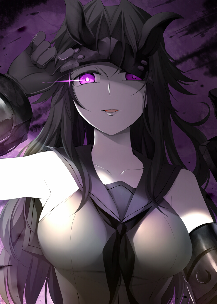 10s 1girl abyssal_ship black_hair breasts commentary_request female_focus gloves horns kantai_collection large_breasts light_cruiser_princess long_hair looking_at_viewer mask mask_up md5_mismatch open_mouth pale_skin purple_eyes rui_shi_(rayze_ray) school_uniform serafuku smile solo upper_body
