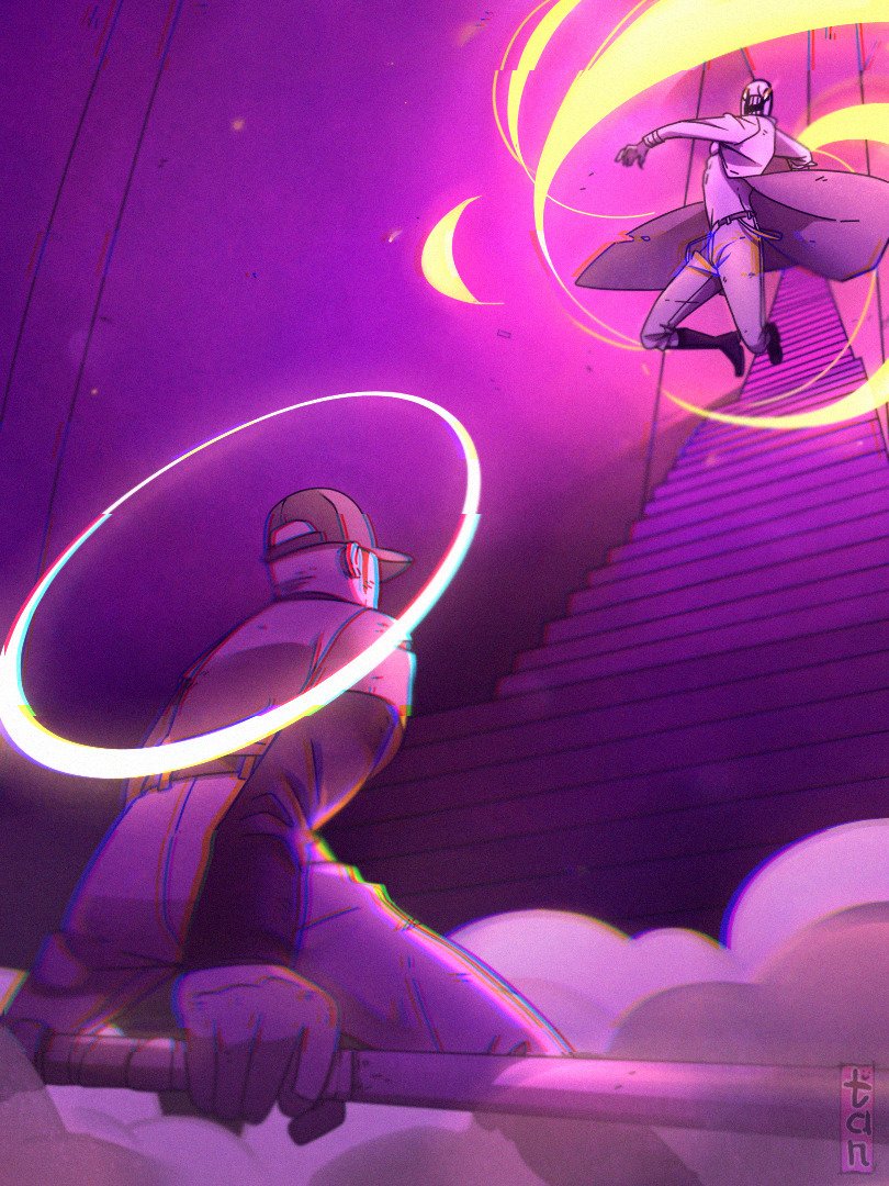 2boys add-on_(off) arm_up artist_name baseball_bat baseball_cap baseball_uniform boots coat dedan_(off) energy fighting fighting_stance hat holding holding_baseball_bat holding_weapon incoming_attack long_sleeves male_focus monster_boy multiple_boys off_(game) open_mouth pants purple_theme shirt shirt_tucked_in sportswear stairs tanblaque teeth the_batter_(off) weapon