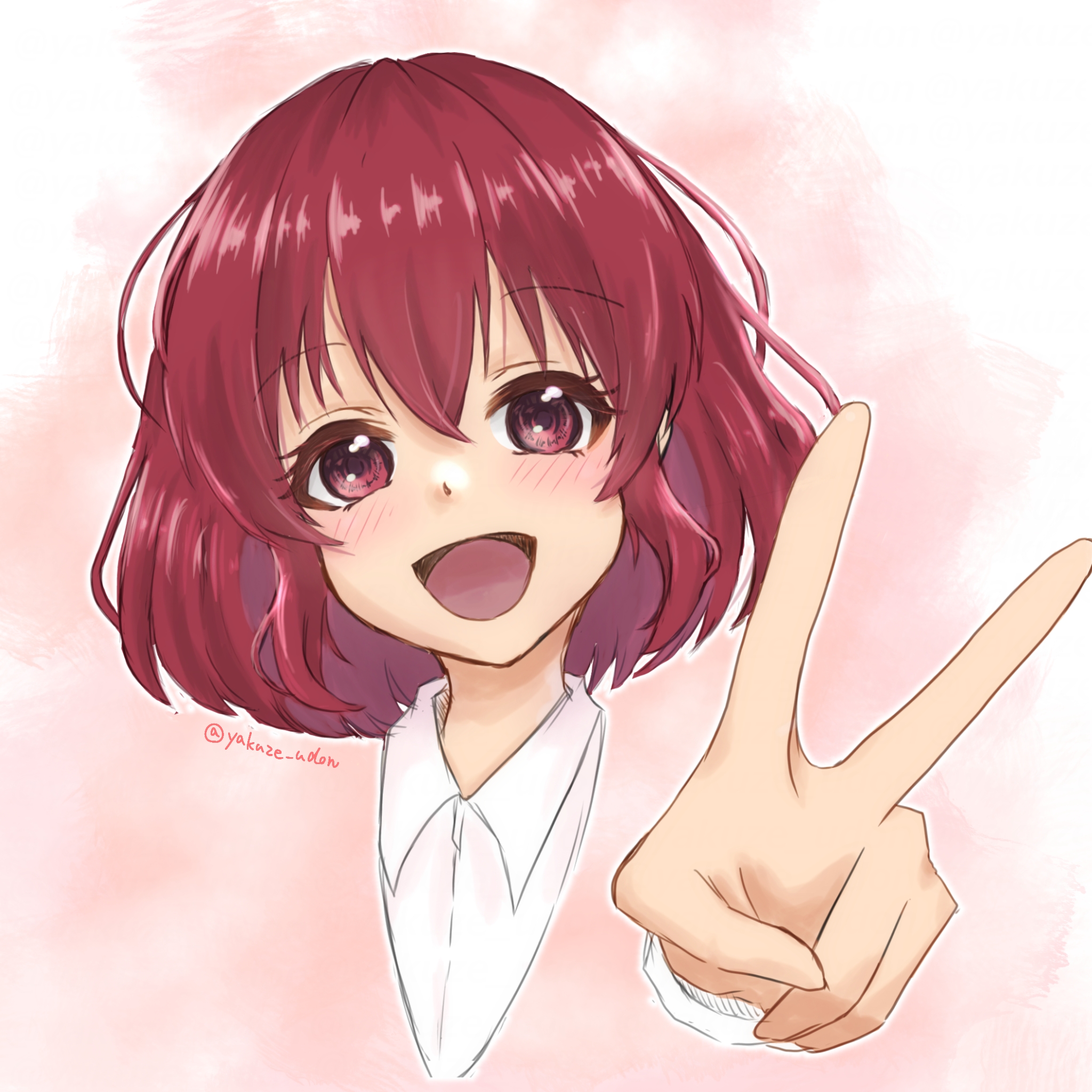 1girl :d artist_name blush bob_cut close-up commentary cropped_torso disembodied_hand dress_shirt hair_between_eyes happy highres kushieda_minori looking_at_viewer messy_hair open_mouth outstretched_hand pink_background portrait raised_eyebrows red_eyes red_hair ringed_eyes shirt short_hair smile solo toradora! twitter_username v white_background white_shirt yakuze_udon