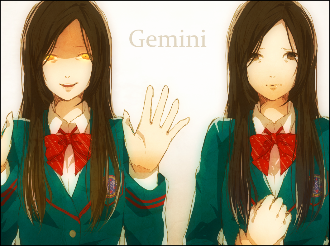 2girls bad_id bad_pixiv_id brown_eyes brown_hair dark_persona dual_persona joujima_yuuki kamen_rider kamen_rider_fourze_(series) long_hair multiple_girls open_mouth school_uniform smile waimaki waiwai0109 yellow_eyes