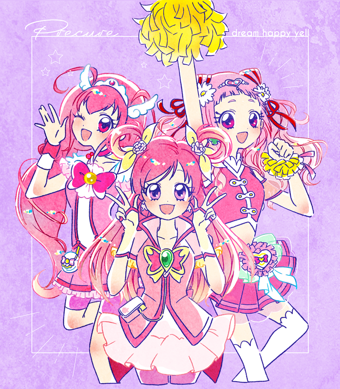 3girls :d bike_shorts bike_shorts_under_skirt blush bow butterfly_brooch butterfly_earrings choker commentary_request cone_hair_bun cure_dream cure_happy cure_yell double_v earrings english_text flower gloves hair_bun hair_flower hair_ornament hair_ribbon hair_rings head_wings heart heart_hair_ornament heart_pouch hoppetoonaka3 hoshizora_miyuki hugtto!_precure jewelry layered_skirt long_hair magical_girl midriff multiple_girls nono_hana one_eye_closed open_mouth pink_bow pink_choker pink_eyes pink_hair pink_shirt pink_shorts pink_skirt pom_pom_(cheerleading) precure purple_eyes ribbon shirt shorts shorts_under_skirt skirt smile smile_precure! thick_eyelashes thighhighs tiara twintails v waist_brooch wings wrist_cuffs yes!_precure_5 yes!_precure_5_gogo! yumehara_nozomi