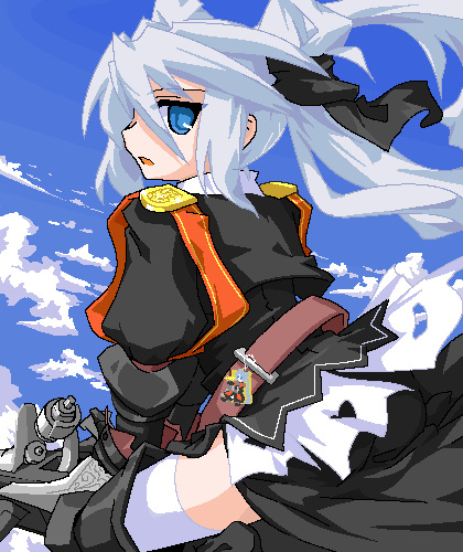 1girl armor belt blue_eyes boots bow female_focus gauntlets hair_bow charm_(object) long_hair lowres mof mof&#039;s_silver_haired_twintailed_girl oekaki original outdoors silver_hair sitting sky solo thighhighs twintails very_long_hair