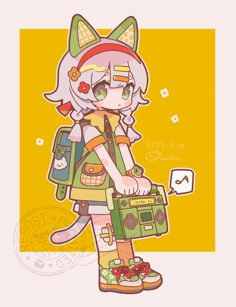 1girl :&lt; animal_ears backpack bag blue_shorts blush_stickers boombox border braid buttons cat_ears cat_girl cat_tail closed_mouth commentary_request dated full_body green_bag green_eyes green_shoes green_vest grey_hair holding holding_boombox looking_at_viewer medium_hair musical_note original outline outside_border pocket shirt shoes short_sleeves shorts signature sneakers socks solo sorata123 spoken_musical_note standing tail twin_braids vest white_border white_outline white_shirt yellow_background yellow_socks