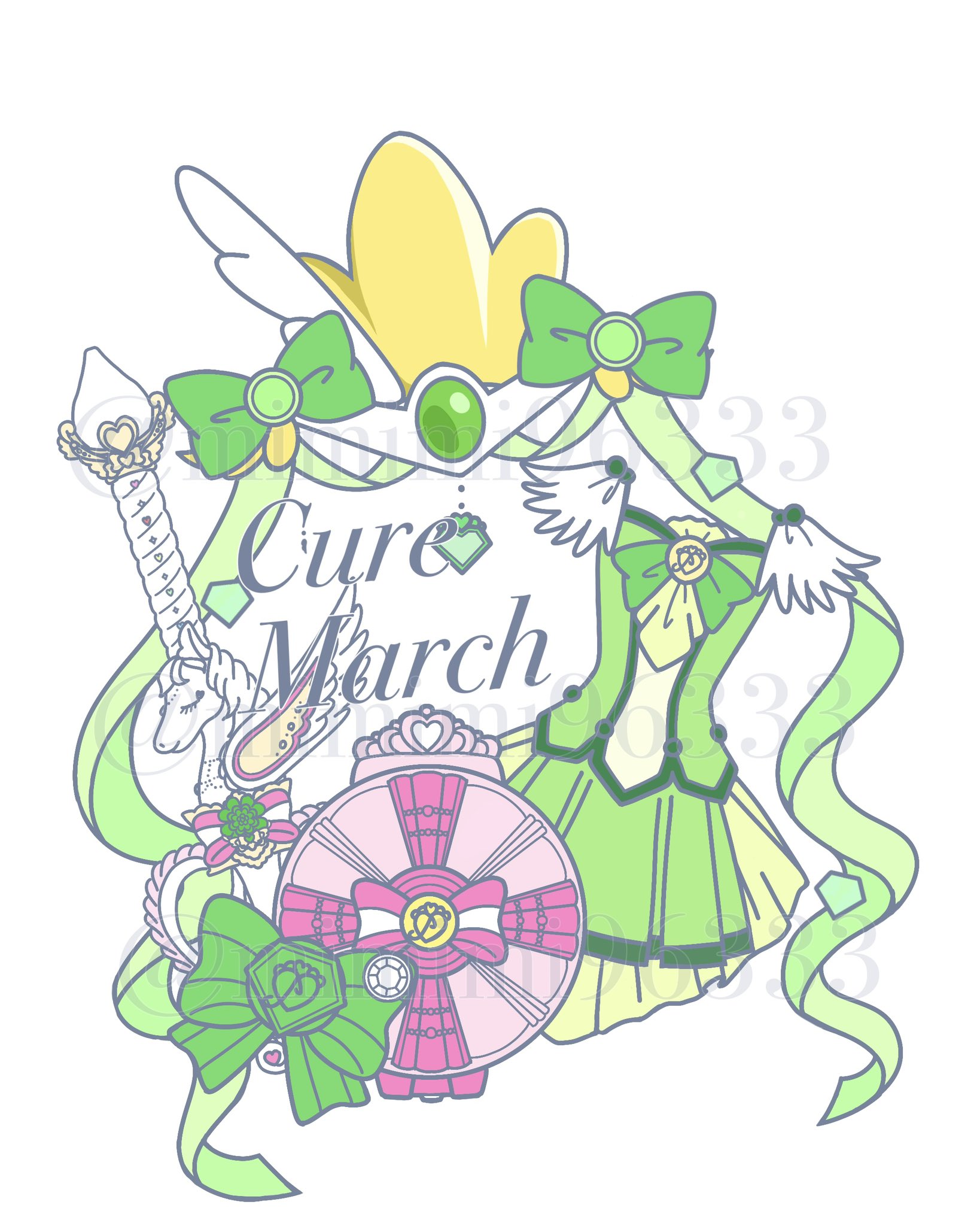 ascot bow bowtie character_name circlet clothes_only compact_(cosmetics) cosmetics crown cure_march feather_sleeves gold_crown green_ascot green_bow green_bowtie green_ribbon green_shirt green_skirt hair_ornament highres mimimi96333 miniskirt no_humans pleated_skirt precure ribbon shirt short_sleeves simple_background skirt skirt_set smile_pact smile_precure! train_(clothing) twitter_username unicorn wand watermark white_background white_sleeves wing_hair_ornament