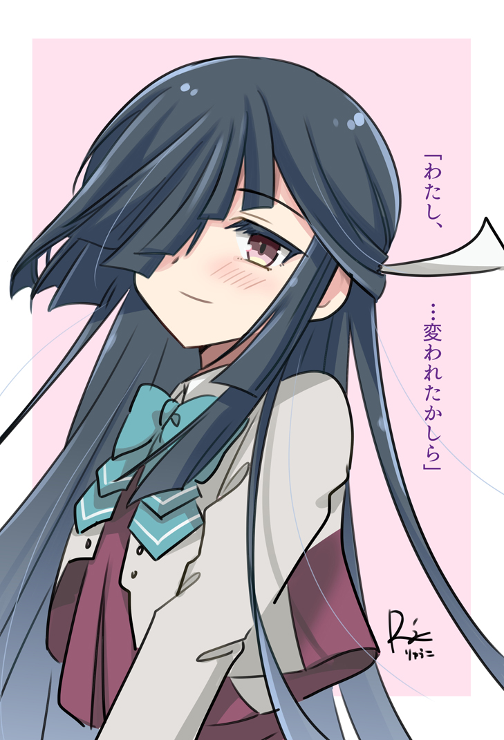 1girl aqua_bow aqua_bowtie black_hair blazer bow bowtie brown_eyes commentary_request dress hair_over_one_eye hair_ribbon halter_dress halterneck hayashimo_(kancolle) hayashimo_kai_ni_(kancolle) jacket kantai_collection long_hair pink_background r-king ribbon solo translation_request upper_body white_jacket