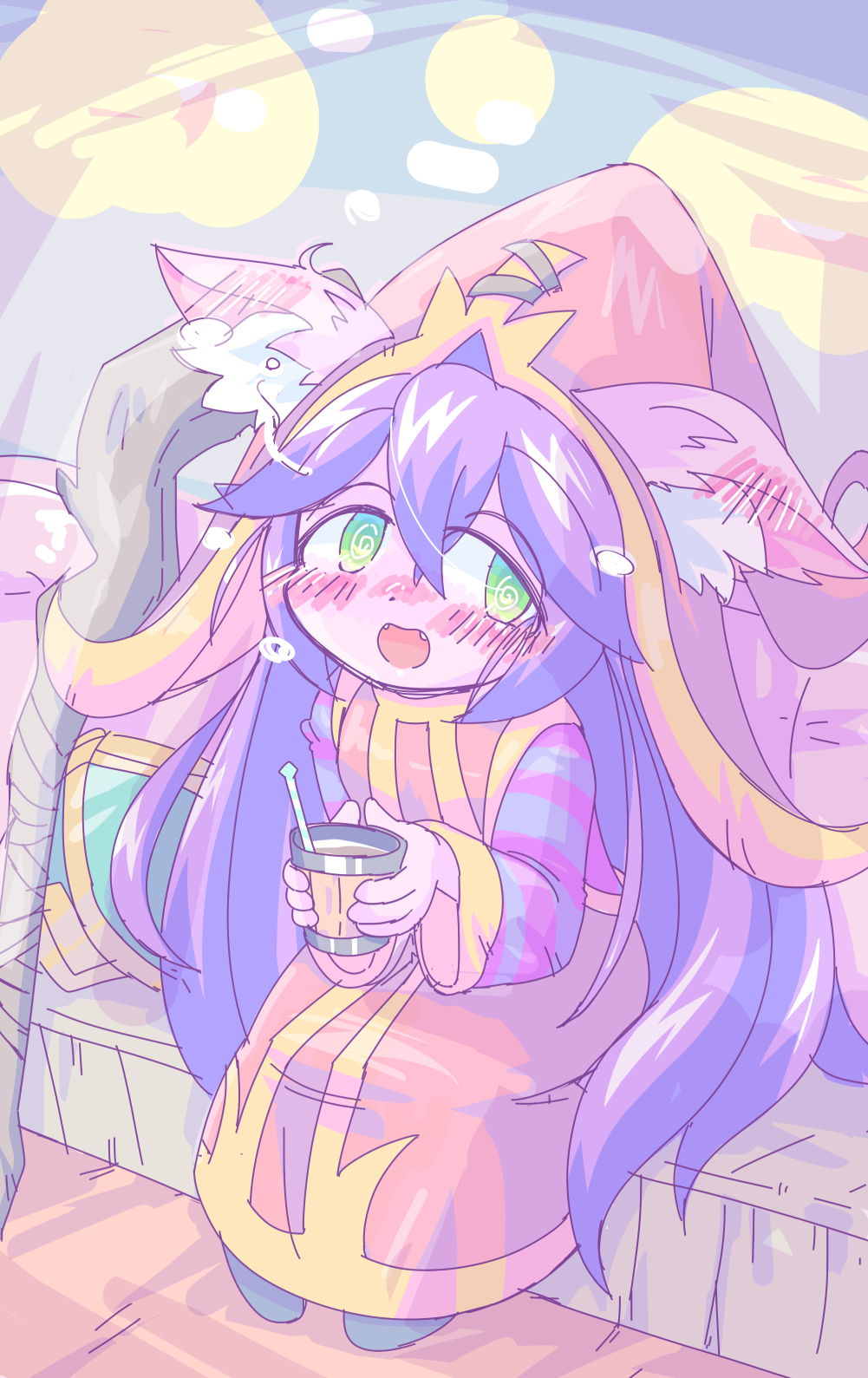 1girl @_@ alcohol animal_ears blue_shirt blush colored_skin cup dot_nose dress drunk fangs female_focus full_body green_eyes hat highres holding holding_cup kayo!!_(gotoran) league_of_legends legs_together long_hair long_sleeves looking_afar looking_to_the_side lulu_(league_of_legends) nose_blush open_mouth pink_skin purple_shirt red_dress red_hat shirt shortstack sitting sleeveless sleeveless_dress solo staff striped_clothes striped_shirt two-tone_dress two-tone_hat two-tone_shirt very_long_hair yellow_dress yellow_hat yordle