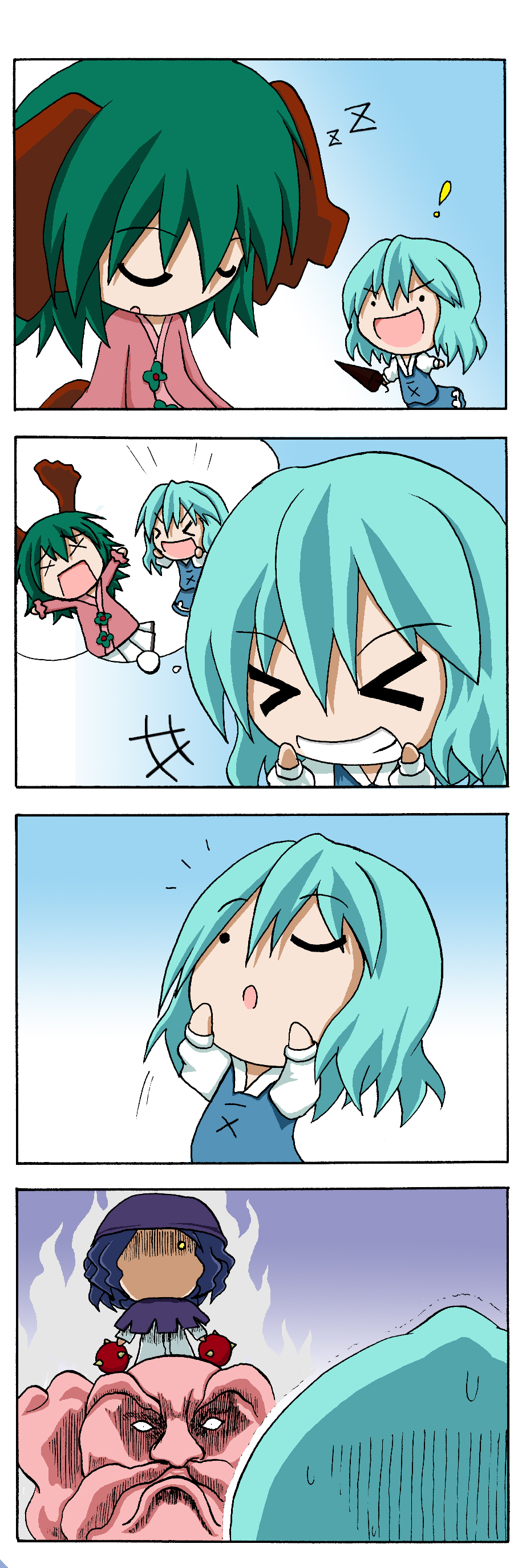 ! &gt;_&lt; +++ 3girls 4koma :d absurdres animal_ears blue_hair chibi closed_eyes comic green_hair grin highres hood kasodani_kyouko kumoi_ichirin mario_(series) multiple_girls nintendo open_mouth rakugaki-biyori silent_comic sleeping smile spiny_egg super_mario_bros._1 tatara_kogasa touhou trembling unzan x_x xd zzz