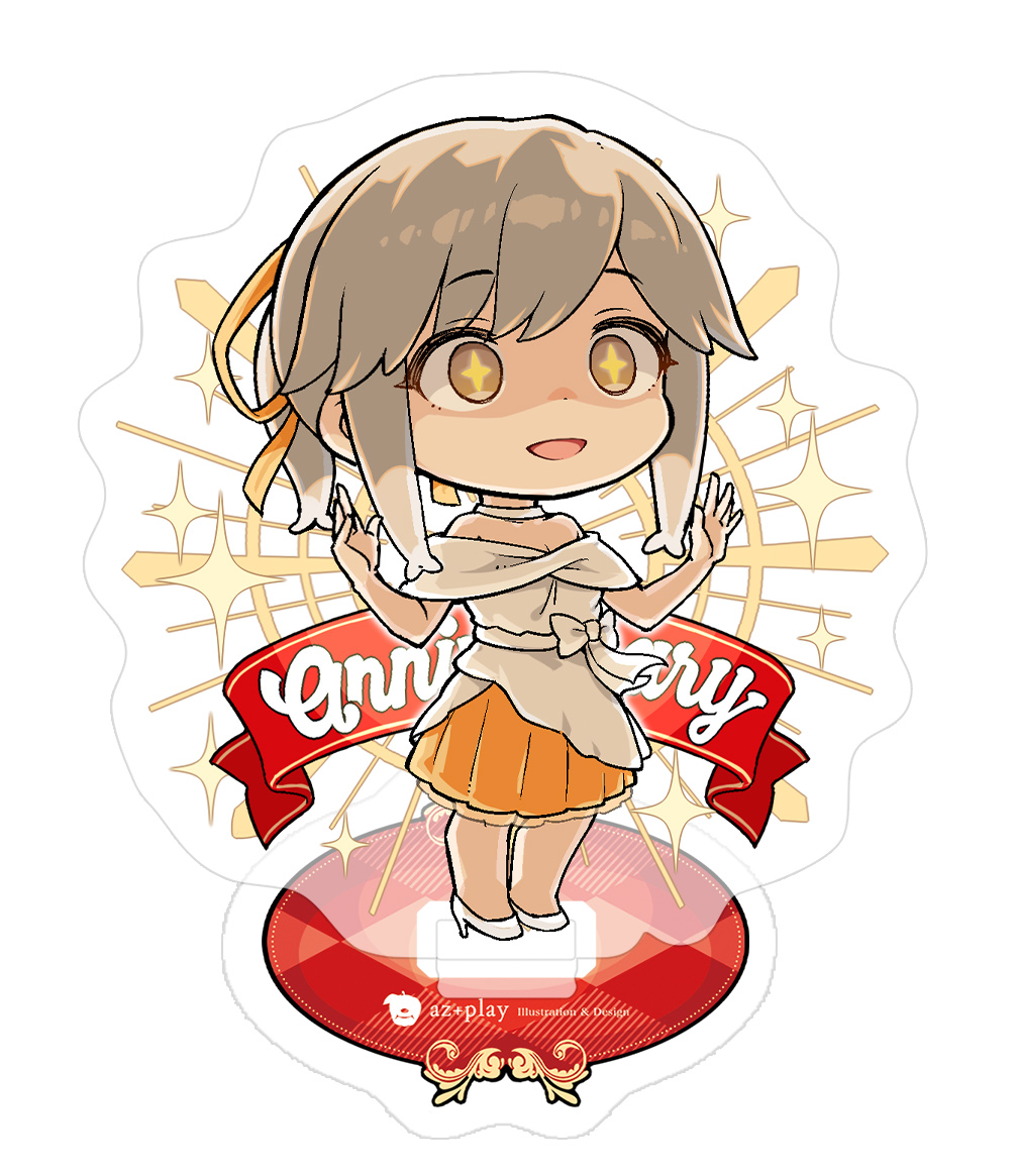 +_+ 1girl aka_ringo brown_eyes chibi commentary_request dress full_body grey_hair hair_ribbon kantai_collection layered_dress off-shoulder_dress off_shoulder official_alternate_costume orange_ribbon ponytail ribbon shoes sidelocks solo standing two-tone_dress usugumo_(anniversary)_(kancolle) usugumo_(kancolle) w_arms white_dress white_shoes