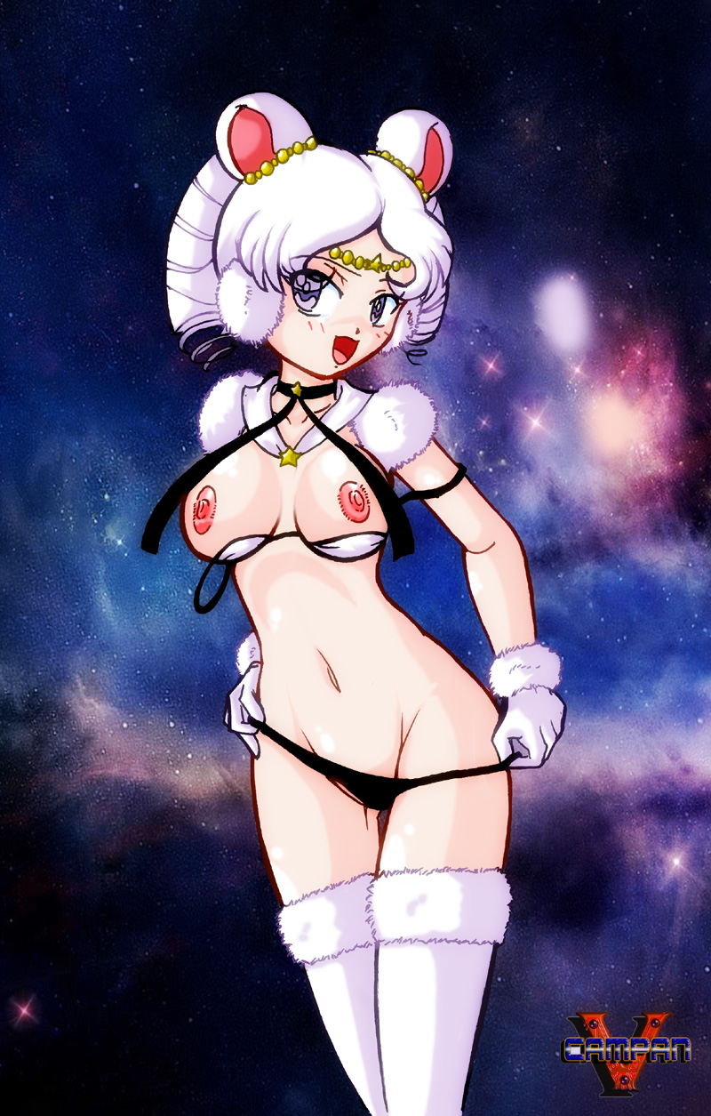 1990s_(style) 1girl animal_ears bishoujo_senshi_sailor_moon bishoujo_senshi_sailor_moon_sailor_stars blush bra breasts earmuffs female_focus gloves grey_eyes highres jewelry mouse_ears nipples panties ribbon sailor_iron_mouse smile solo thighhighs twintails underwear undressing vcampan white_hair