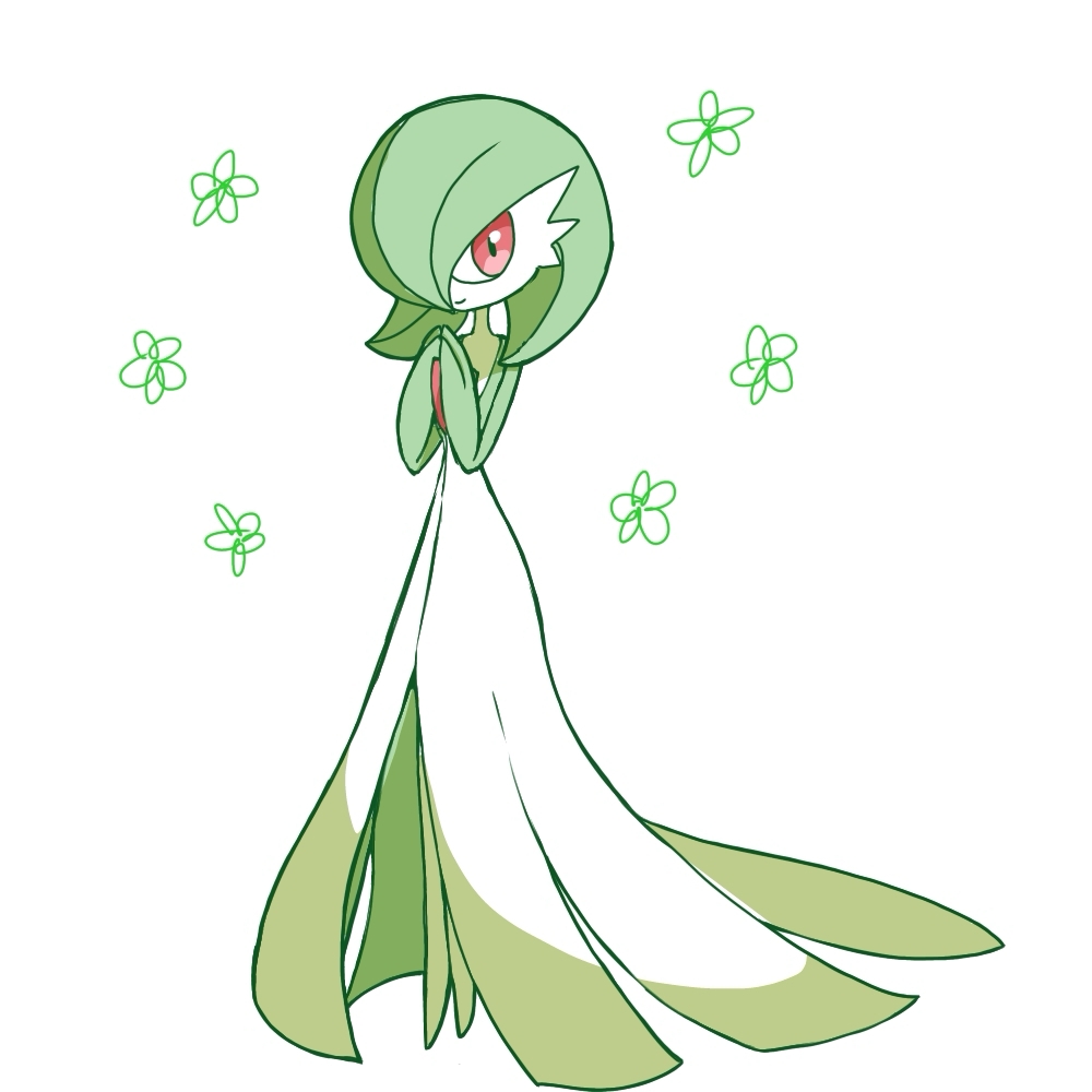 1girl bob_cut closed_mouth colored_skin female_focus flat_chest full_body gardevoir gen_3_pokemon green_hair green_skin hair_over_one_eye hands_up happy legs_together looking_to_the_side monya multicolored_skin nintendo no_feet one_eye_covered own_hands_together pokemon pokemon_(creature) red_eyes short_hair simple_background smile solo standing two-tone_skin white_background white_skin