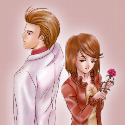 00s brown_eyes brown_hair casual flower fujieda_kaede hutoshi_akira kayama_yuuichi lowres rose sakura_taisen sakura_taisen_ii short_hair