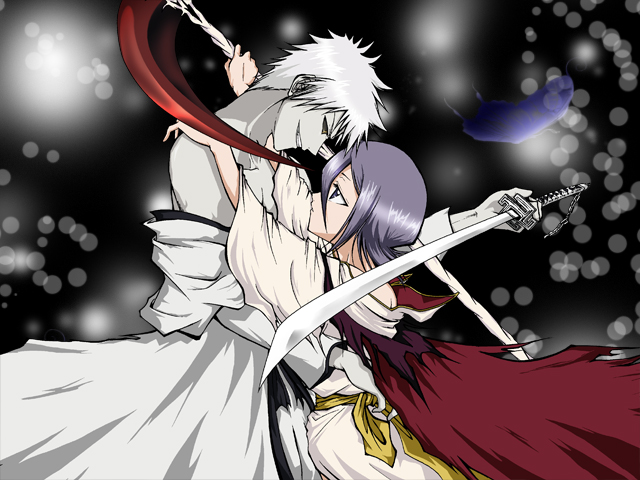 1boy 1girl bad_id bad_pixiv_id black_sclera bleach bleach:_fade_to_black cape colored_sclera colored_skin couple dark_rukia grin hetero holding hollow_ichigo japanese_clothes kuchiki_rukia kurosaki_ichigo miko_embrace off_shoulder parody purple_eyes purple_hair scythe shirosaki_hichigo short_hair smile sword weapon white_hair white_skin xruka yellow_eyes