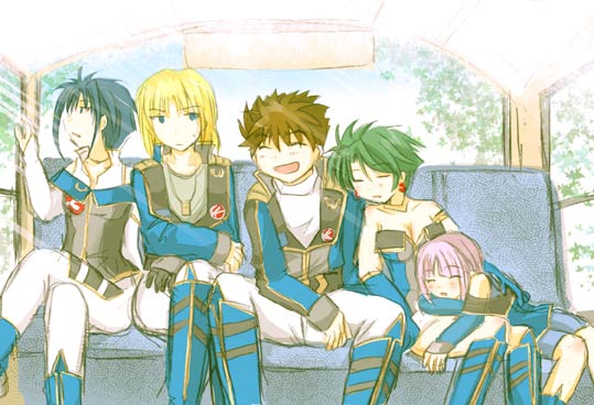 aya_kobayashi banpresto bare_shoulders blonde_hair blue_hair brown_hair earrings elbow_gloves closed_eyes gloves green_hair jewelry crossed_legs light_rays mai_kobayashi raidese_f_branstein ryuusei_date sitting sleeping smile sunbeam sunlight super_robot_wars super_robot_wars_original_generation viletta_badam viletta_vadim