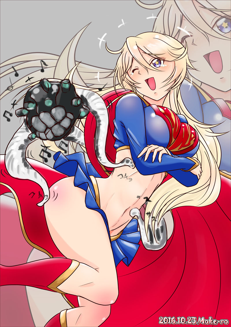1girl 2016 abyssal_ship artist_name beamed_quavers blonde_hair blue_eyes boots breasts cape cosplay dated dc_comics enemy_naval_mine_(kancolle) iowa_(kancolle) kantai_collection knee_boots large_breasts long_hair midriff moke_ro musical_note navel one_eye_closed open_mouth red_cape red_footwear red_skirt skirt star-shaped_pupils star_(symbol) supergirl supergirl_(cosplay) symbol-shaped_pupils tickling tickling_ass tickling_sides tickling_stomach zoom_layer