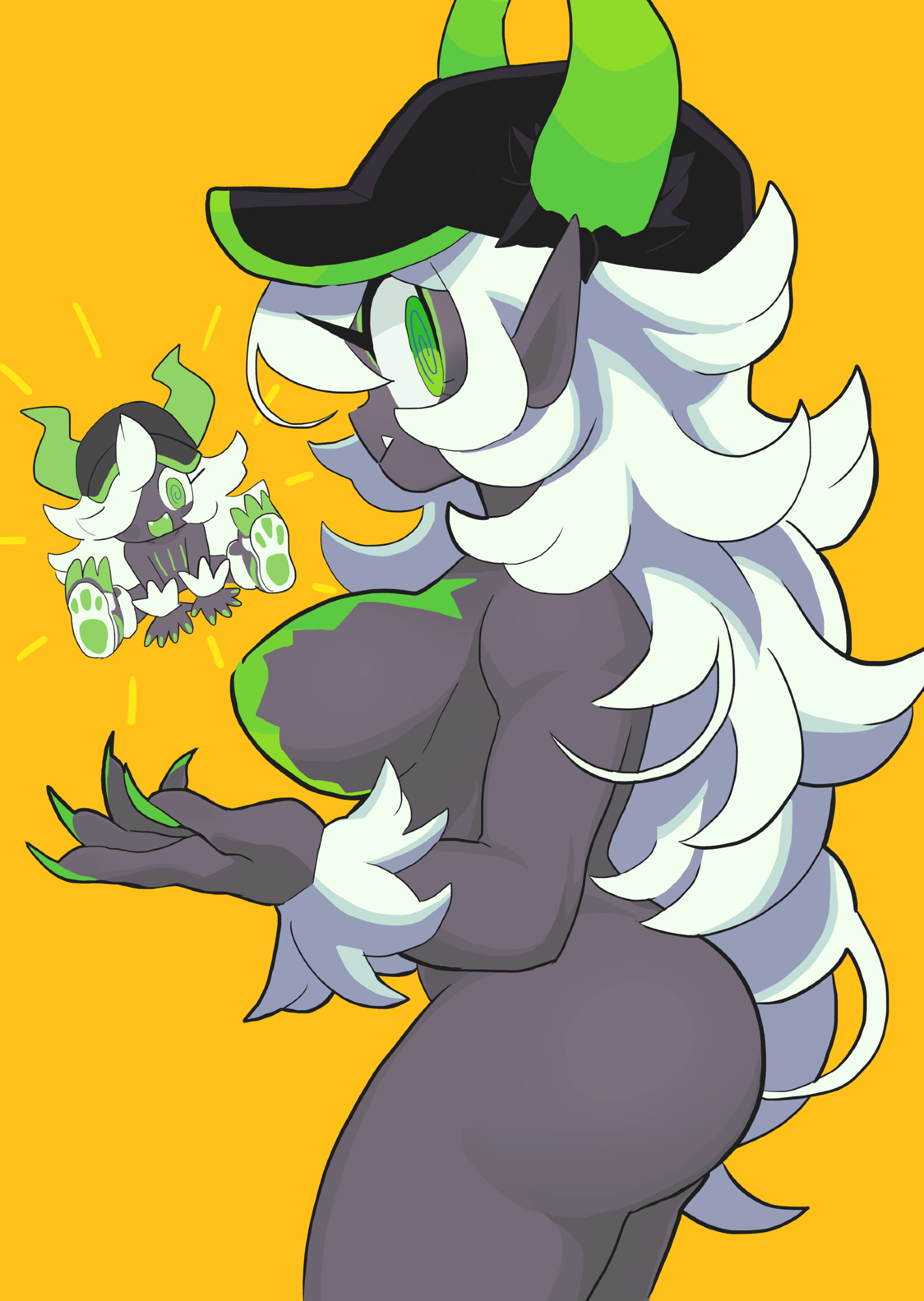 1girl ass black_skin breasts colored_skin commentary cowboy_shot fingernails gashi-gashi green_eyes green_nails hat highres horns large_breasts long_hair monster_energy-chan nude original pointy_ears product_girl profile sharp_fingernails simple_background symbol-only_commentary very_long_hair white_hair yellow_background