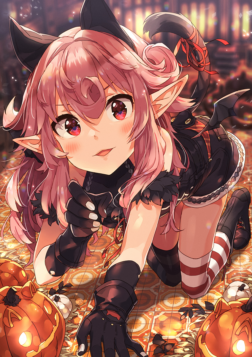 1girl all_fours animal_ears asymmetrical_legwear black_gloves blurry blush commentary_request cowlick depth_of_field female_focus gloves hair_between_eyes halloween halterneck hand_up highres jack-o&#039;-lantern long_hair looking_at_viewer mismatched_legwear narumi_arata open_mouth original pink_hair pointy_ears recri_(narumi_arata) red_eyes red_ribbon revision ribbon shorts smile solo striped_clothes striped_legwear striped_thighhighs tail tail_ornament tail_ribbon thighhighs thighs wings