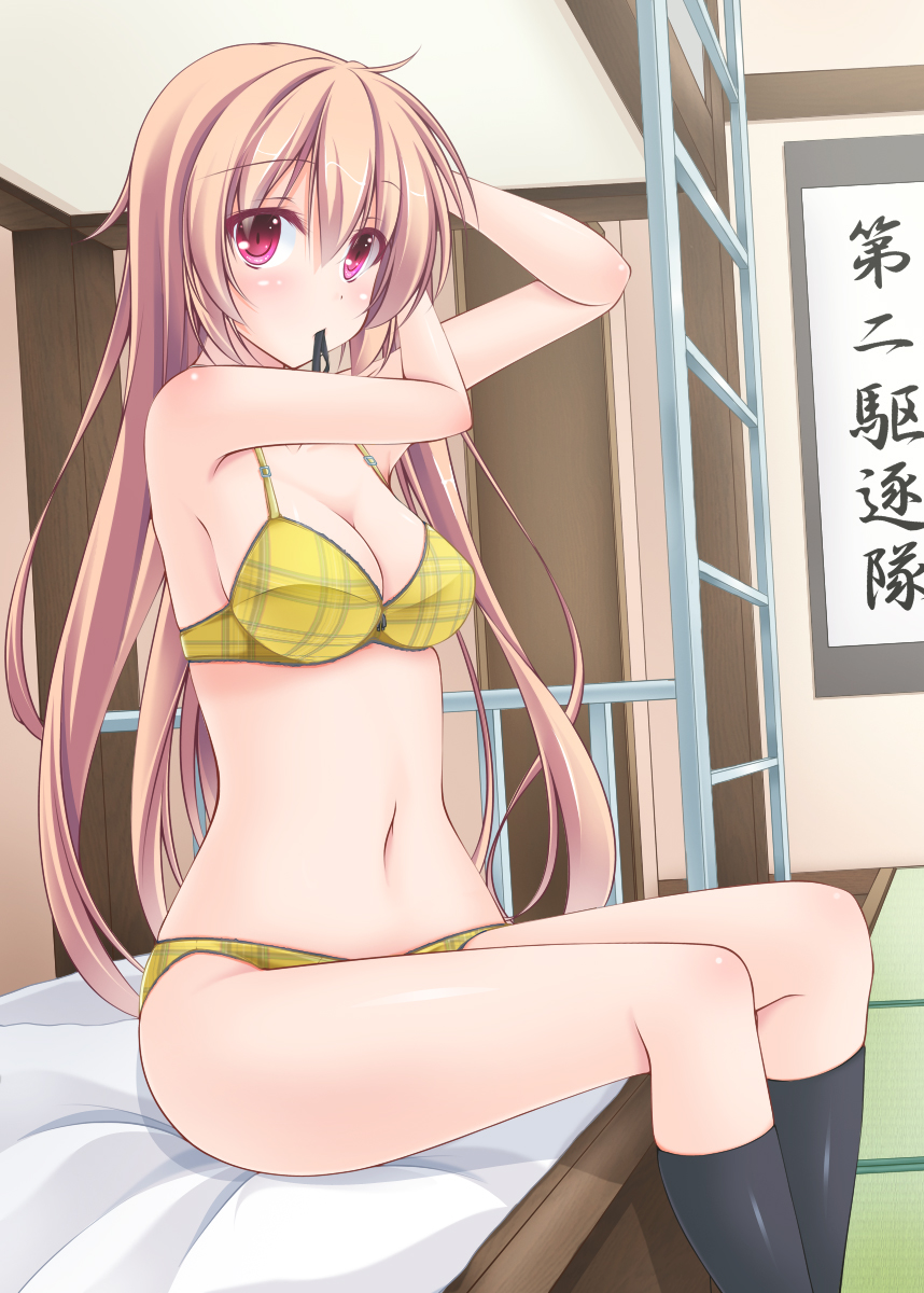 10s 1girl adjusting_clothes adjusting_headwear bed blush bra breasts bunk_bed female_focus hair_down hat highres kantai_collection ladder looking_at_viewer mouth_hold murasame_(kancolle) panties pink_eyes plaid_bra plaid_clothes plaid_panties sitting socks solo underwear underwear_only wata_(akawata) yellow_bra yellow_panties