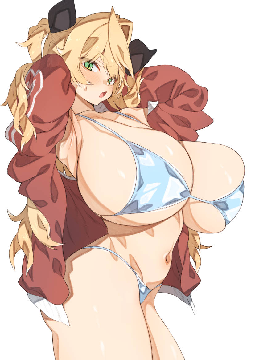 1girl armpits arms_behind_head bikini blonde_hair blue_bikini blush breasts childhood_friend_(kz_oji) cleavage fang green_eyes huge_breasts jacket kz_oji long_hair looking_at_viewer micro_bikini mole navel open_clothes open_jacket original red_jacket simple_background skin_fang solo standing sweatdrop swimsuit white_background