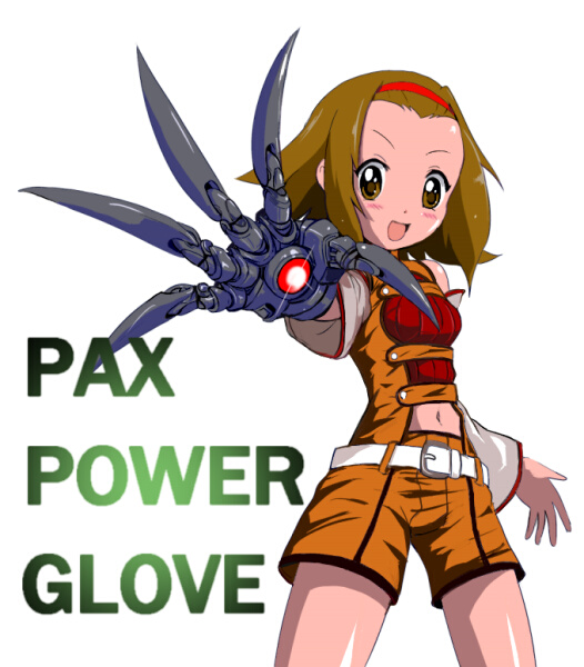 1girl code_geass cosplay female_focus k-on! kouzuki_kallen kouzuki_kallen_(cosplay) mechanical_arms power_glove single_mechanical_arm solo t2 tainaka_ritsu white_background