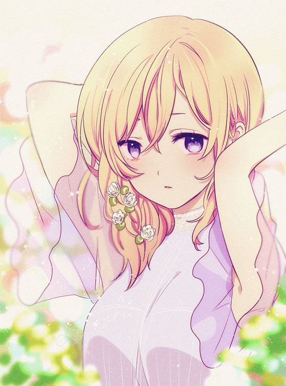 1girl alternate_costume anoko_(darenokoanoko) arms_up blonde_hair commentary_request dress flower hair_between_eyes hair_flower hair_ornament kingdom_hearts kingdom_hearts:_chain_of_memories kingdom_hearts_ii long_hair looking_at_viewer namine purple_eyes sleeveless sleeveless_dress solo white_dress yellow_flower