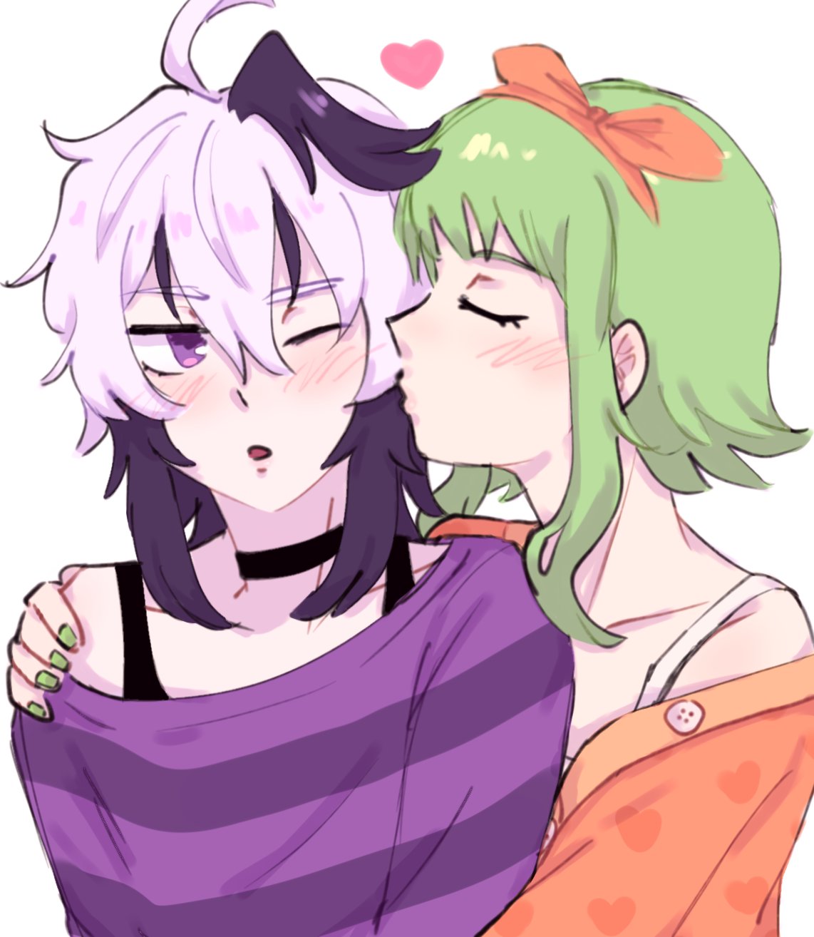 2girls ahoge alternate_costume androgynous black_hair black_undershirt blush bow cardigan choker closed_eyes flat_chest flower_(gynoid_talk) flower_(vocaloid) green_hair green_nails gumi hair_bow heart heart_print highres kiss kissing_cheek multicolored_hair multiple_girls nail_polish open_mouth orange_bow purple_eyes purple_shirt shirt short_hair short_hair_with_long_locks striped_clothes striped_shirt tomboy vflovver vocaloid white_hair white_undershirt yuri