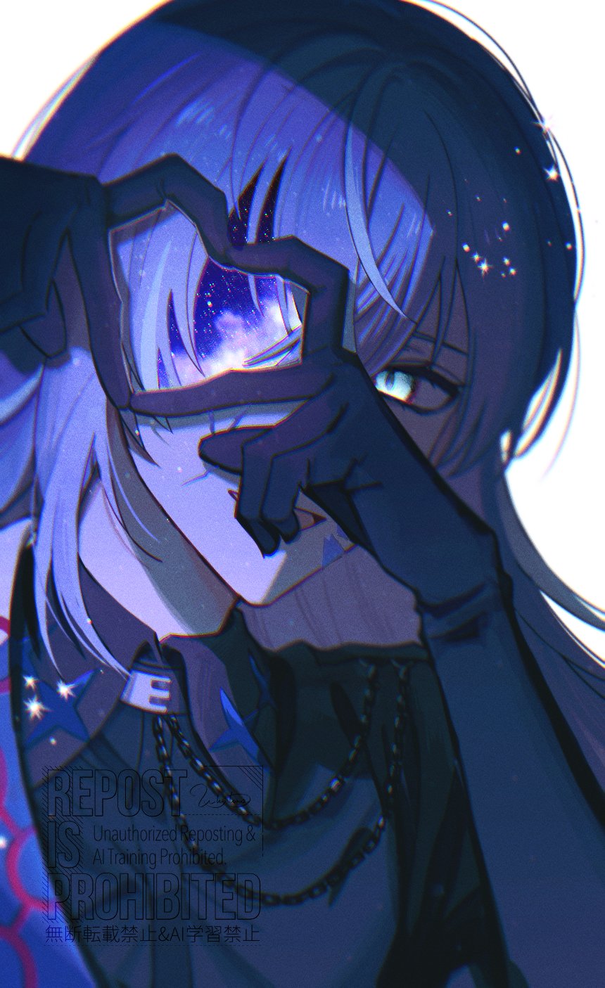 1boy :d artist_name black_gloves black_shirt blue_eyes blue_hair chain collared_shirt cracked_skin crossed_bangs gloves hair_between_eyes hands_up hashtag-only_commentary heart heart_hands heart_hands_over_eye highres hollow_body hoshirube_sho hoshirube_sho_(1st_costume) long_hair long_sleeves male_focus multicolored_hair nijisanji open_mouth purple_hair shirt signature simple_background smile solo streaked_hair ukitaro upper_body virtual_youtuber watermark white_background wing_collar