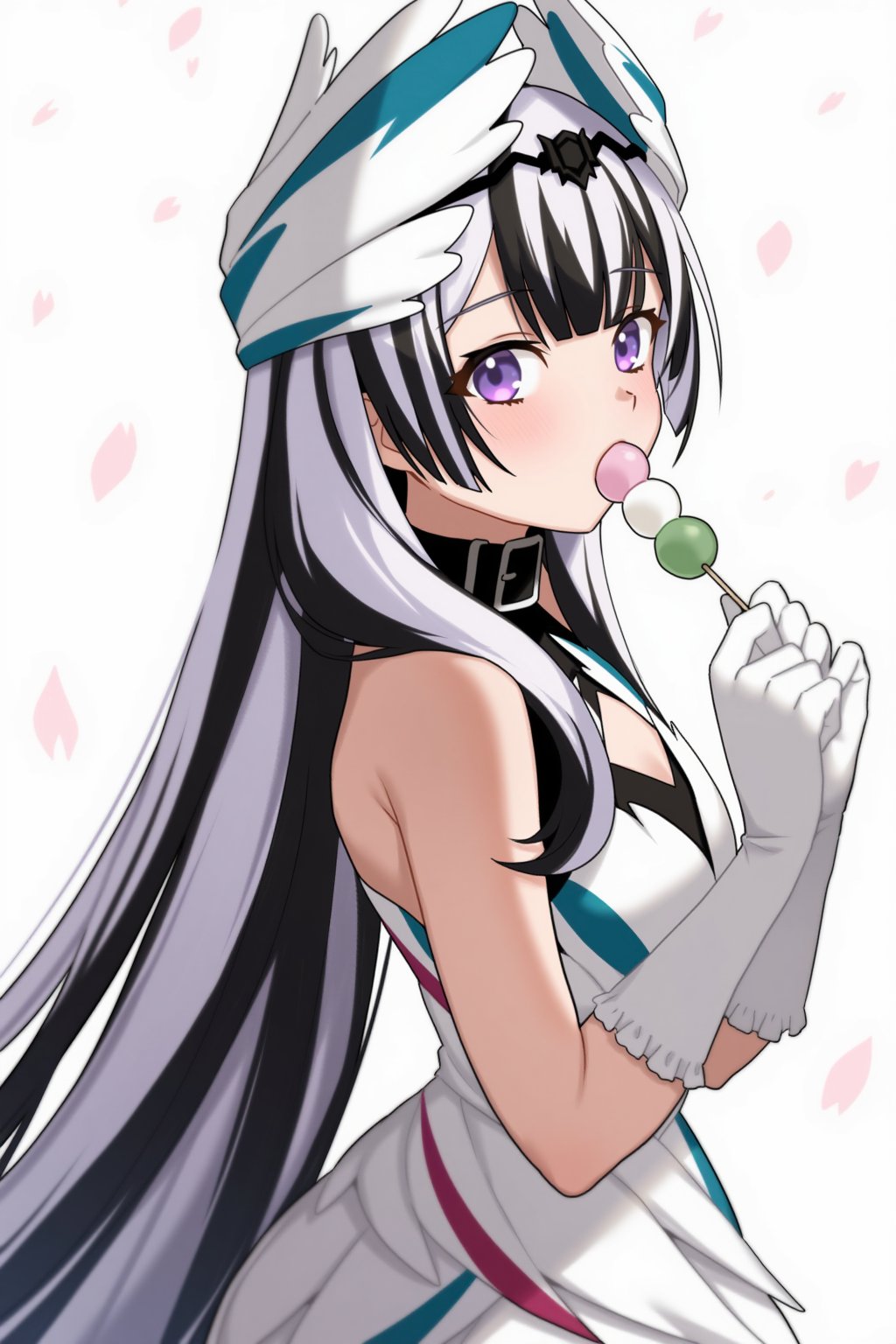 1girl black_hair dango dress eating feather_dress feather_hair_ornament feathers fire_emblem fire_emblem_engage food gloves hair_ornament highres long_hair looking_at_viewer multicolored_hair nintendo purple_eyes pyo_3300 sanshoku_dango solo split-color_hair two-tone_hair very_long_hair veyle_(fire_emblem) wagashi white_gloves white_hair