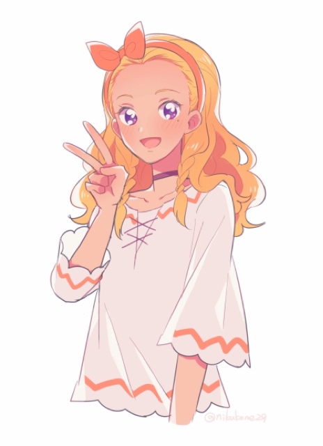 1girl amamiya_elena artist_name blonde_hair bow bow_hairband braid collarbone cropped_torso dark-skinned_female dark_skin dot_nose eyelashes forehead hairband happy light_blush long_hair long_sleeves looking_at_viewer mole mole_under_eye nachuchoco open_mouth orange_bow orange_hairband precure purple_eyes shirt side_braids simple_background smile solo star_twinkle_precure tareme twin_braids v white_background white_shirt
