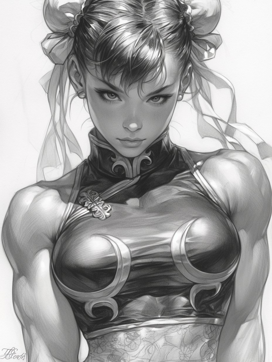 alternate_costume bare_shoulders breasts capcom chun-li clasp double_bun earrings eyeshadow hair_bun high_collar highres jewelry makeup medium_breasts monochrome muscular muscular_female nhoeskape shaded_face shadow signature simple_background standing street_fighter