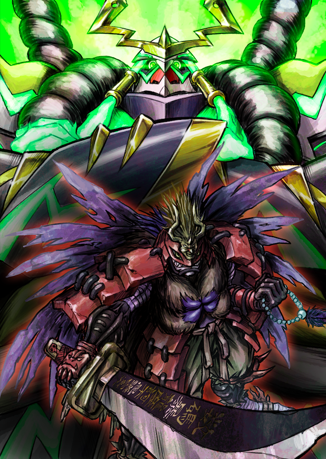 armor digimon digimon_(creature) kazuchimon looking_at_viewer mask musyamon samurai sharp_teeth teeth