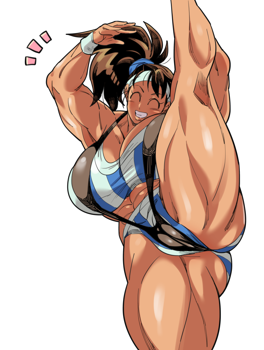 1girl ass asymmetrical_breasts black_widow_(muscle_bomber) breasts cleavage doboshiru female_focus hairband headband highres huge_ass huge_breasts large_breasts leg_up leotard leotard_under_clothes muscle_bomber muscular muscular_female ponytail short_shorts shorts smile solo standing standing_on_one_leg stretching swimsuit thick_thighs thighs