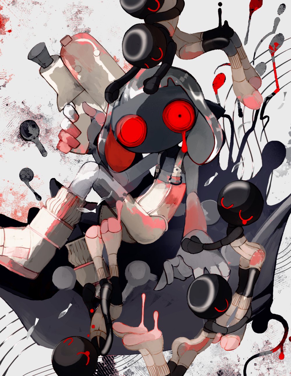 6+girls agent_4_(splatoon) blunt_bangs bodysuit boots commentary dripping dripping_eye english_commentary from_side hand_up highres holding holding_water_gun inkling_girl inkling_player_character jelleton li04r limited_palette looking_at_viewer looking_to_the_side medium_hair multiple_girls musical_note nintendo parallel_canon_(splatoon) red_eyes short_bangs sleeveless sleeveless_bodysuit splatoon_(series) splatoon_3 splatoon_3:_side_order water_gun
