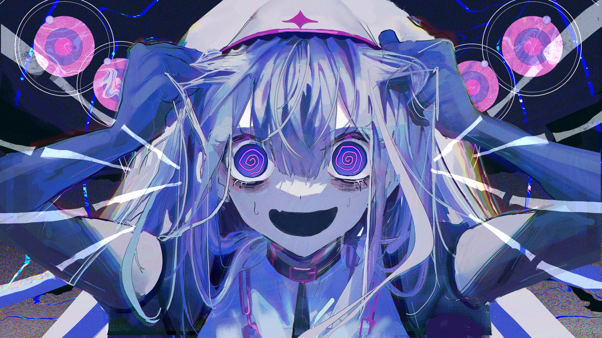 1girl @_@ arms_up black_choker black_gloves blue_hair chain choker chromatic_aberration crazy elbow_gloves fang film_grain gloves habit hair_between_eyes highres long_hair looking_at_viewer marija_(muse_dash) marija_(sister)_(muse_dash) muse_dash nun official_alternate_costume official_art open_mouth grabbing_own_hair purple_eyes shiun_(siun_5513) sidelocks skin_fang solo star_(symbol) sweat upper_body wide-eyed