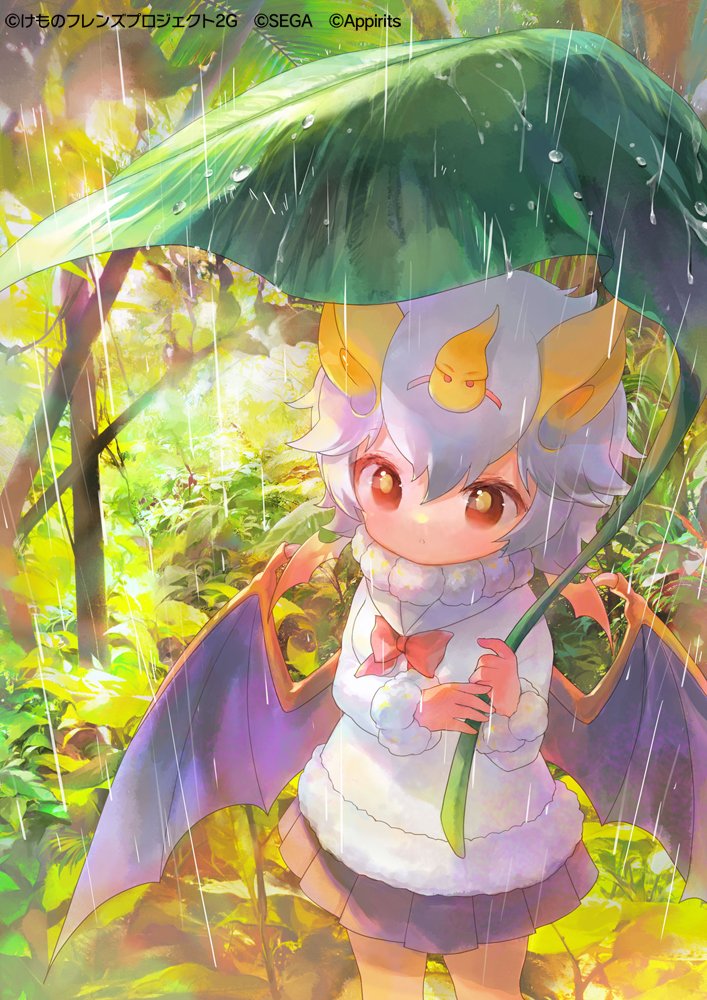 888myrrh888 animal_ears bat_ears bat_girl bat_wings blush bow bowtie dark_skin foliage fur_collar fur_trim grass hair_between_eyes honduran_white_bat_(kemono_friends) kemono_friends kemono_friends_3 leaf_umbrella long_sleeves official_art pleated_skirt rain red_bow red_bowtie sailor_collar short_hair skirt sweater white_fur white_hair white_sweater wings yellow_eyes