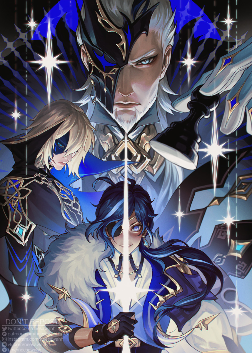 3boys antenna_hair artist_name beard black_cape black_gloves blonde_hair blue_cape blue_eyes blue_hair blue_vest bracelet cape chess_piece cleavage_cutout closed_mouth clothing_cutout collared_cape collared_shirt commentary dainsleif_(genshin_impact) dark-skinned_male dark_skin earrings english_commentary eyepatch facial_hair fingerless_gloves floating_hair fur-trimmed_cape fur_trim genshin_impact gloves glowing glowing_sword glowing_weapon gold_trim hair_over_shoulder half_mask hand_up highres holding holding_chess_piece holding_sword holding_weapon instagram_logo instagram_username jewelry kaeya_(genshin_impact) long_hair long_sleeves male_focus mask mask_over_one_eye multicolored_hair multiple_boys neesawahh old old_man one_eye_covered patreon_logo patreon_username pierro_(genshin_impact) popped_collar serious shirt short_hair sidelocks single_earring sleeves_rolled_up smile spiked_bracelet spikes streaked_hair swept_bangs sword twitter_logo twitter_username upper_body v-shaped_eyebrows vest vkontakte_logo vkontakte_username watermark weapon web_address white_gloves white_hair white_shirt wing_collar