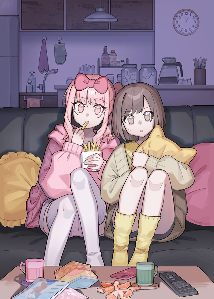 1girl 1other :t akiyama_mizuki analog_clock animal-shaped_pillow arms_across_body black_couch bow brown_cardigan brown_eyes brown_hair cardigan ceiling_light cellphone chips_(food) clock cloth coffee_pot commentary_request controller couch cup cushion d: eating elbow_rest faucet food french_fries fruit holding holding_food hood hood_down hoodie hugging_object indoors jacket knee_up kneehighs knees_up long_hair long_sleeves mandarin_orange mug nervous no_shoes on_couch open_mouth orange_peel oven_mitts pajamas paper phone pillow pillow_hug pink_bow pink_eyes pink_hair pink_hoodie pink_ribbon pink_shorts pocket potato_chips project_sekai qi&#039;e_(penguin) remote_control ribbon screen_light shinonome_ena short_hair shorts side-by-side sidelocks sitting sleepwear small_sweatdrop smartphone soap_bottle socks soshite_ima_ribbon_wo_musunde_(project_sekai) sugar_bowl sugar_cube swept_bangs table thighhighs utensil utensil_rack wall_clock white_socks yellow_jacket yellow_socks