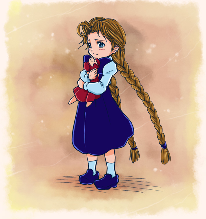 1girl 4suke anita_(darkstalkers) blush braid brown_hair capcom child closed_mouth darkstalkers dress female_focus long_hair socks solo twin_braids